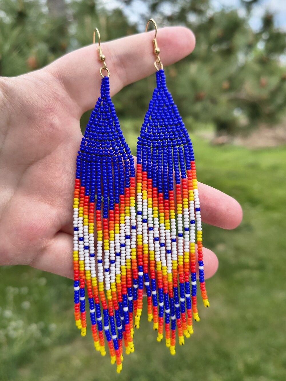 Native American Handmade Beaded Fringe Earrings Royal Blue Fire Colors - Picture 3 of 7